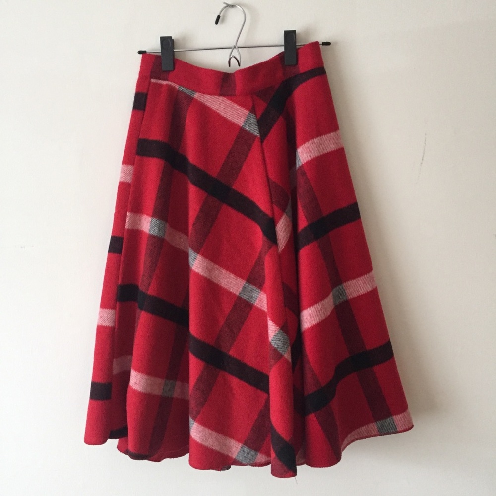 Wool Plaid Midi Skirt